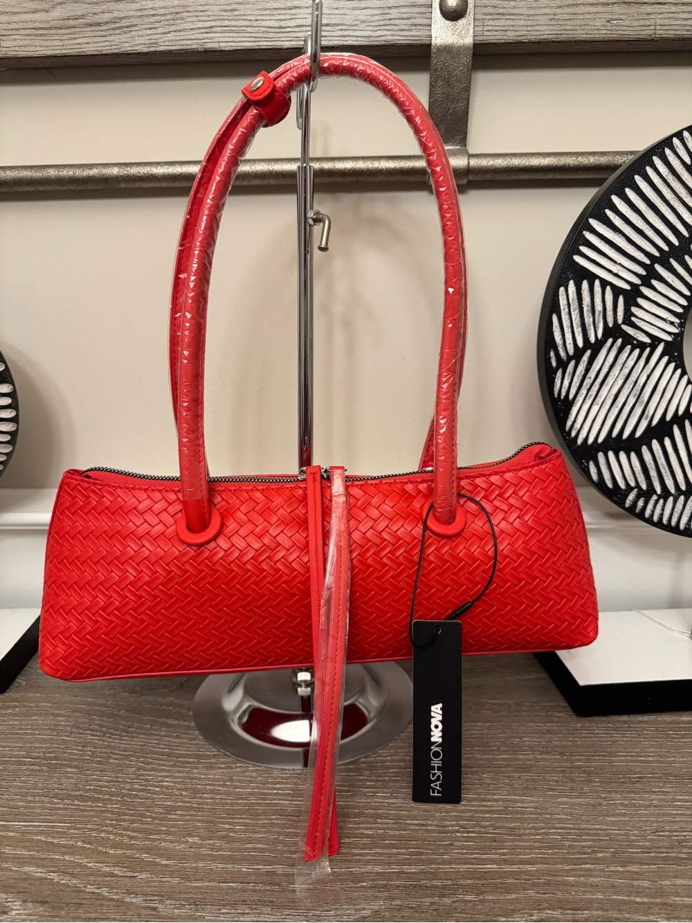 Fashion Nova Bright Red Woven Shoulder Bag with Tassel